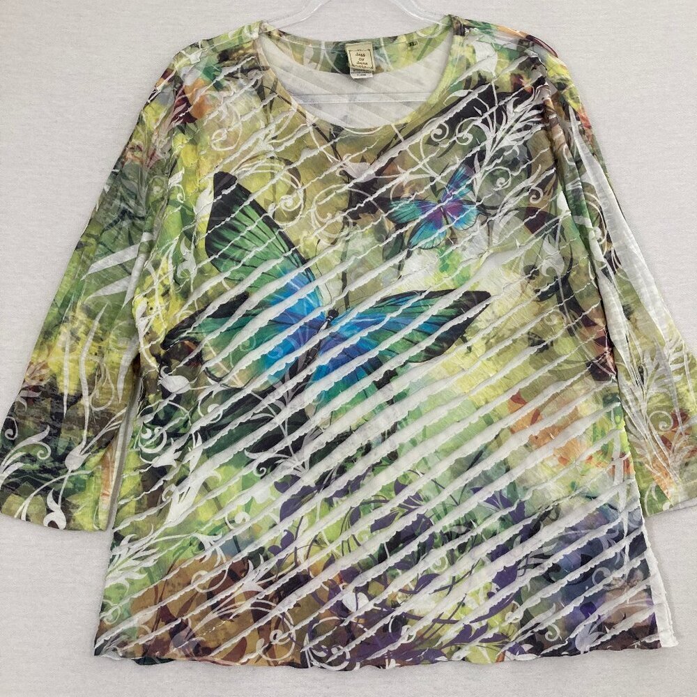 Jess & Jane Green Layered Textured Butter Fly Stretch 3/4 Sleeve Top XL Artsy